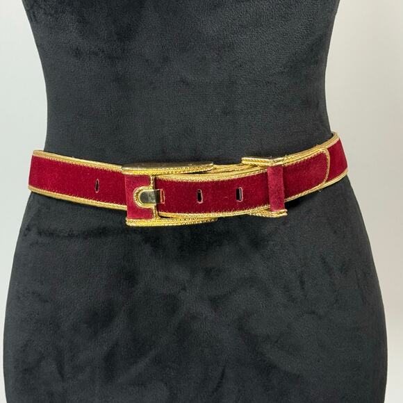 Vintage Burgundy Velvet Leather Belt Gold Trim 35" Made in USA - Picture 2 of 8